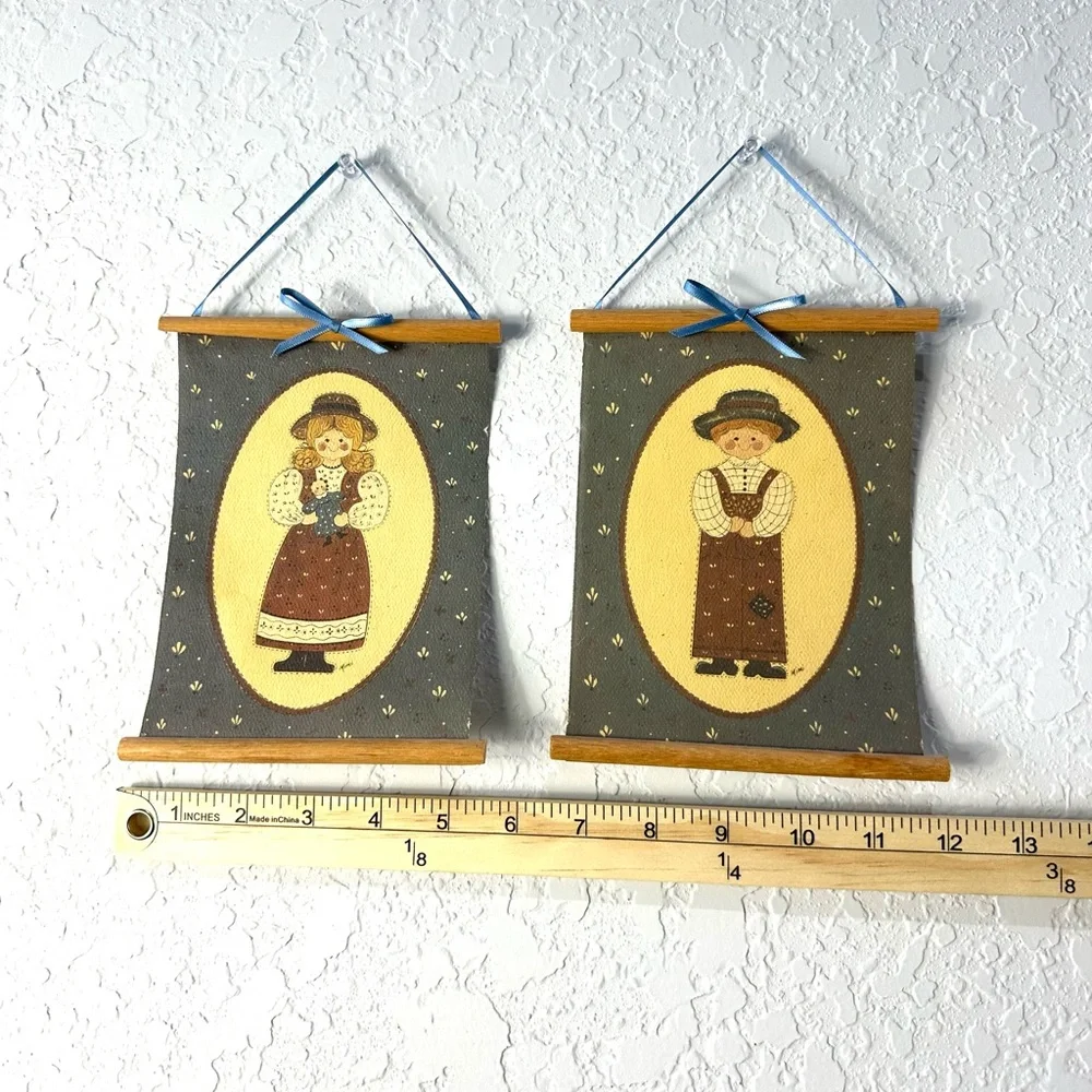 Vintage Folk Art Hanging Watercolor Paper Tile Art By Artist Mimi
